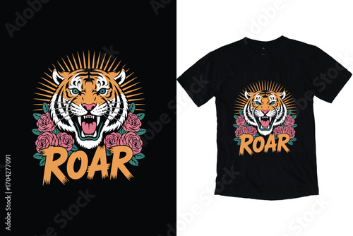Roaring Tiger Head with Roses – Bold Vintage Style Illustration tshirt desing