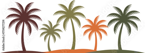 Illustration of five colorful palm trees in a minimalist style, tropical, nature, summer, vacation, leisure, travel, eco-friendly, vector art.