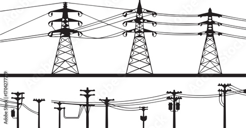 Silhouette of Power Lines and Utility Poles Against a Transparent Backdrop for Industrial Projects