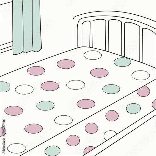 Illustration of a bed with a polka dot sheet