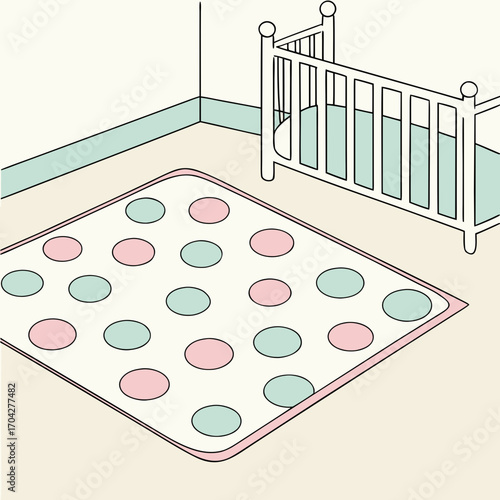 Illustration of a baby room with a crib and a polka dot play mat