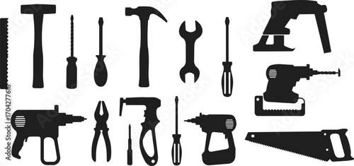 Black Silhouette Vector Set of Hand Tools Including Hammer, Wrench, Screwdrivers, Power Drill, Saw, Pliers, and Other Construction Equipment Icons