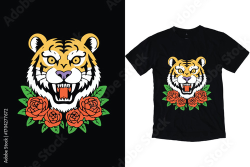 Roaring Tiger Head with Roses – Bold Vintage Style Illustration tshirt desing