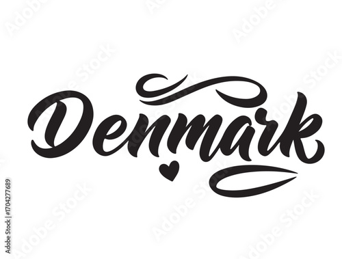 Denmark with heart mini and calligraphy style by wave style bold elements in silhouette white background.