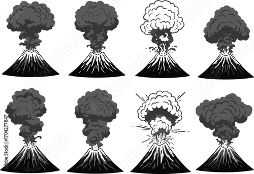 Volcano eruption silhouette set, volcanic explosion vector, smoke and ash illustration, natural disaster icon, mountain eruption graphic elements