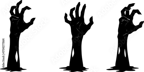 Set of Zombie hands black silhouette. A zombie hand crawls out of the ground. Scary hands suitable for Halloween. Vector illustration isolated on white background.