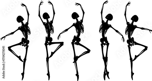 Ballet. Five dancing black silhouettes of skeletons isolated on a white background. Vector illustration