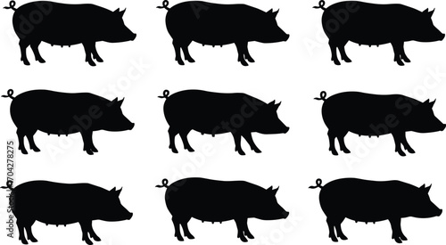 Pig silhouette collection, black pig vector, farm animal illustration, livestock clipart set, domestic pig icon, agriculture graphic elements