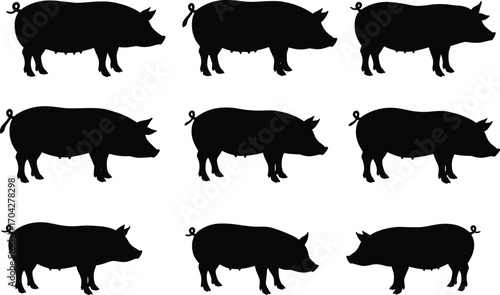 Pig silhouette bundle, black farm animal vector, domestic pig clipart set, agriculture livestock icon, pork meat illustration graphic
