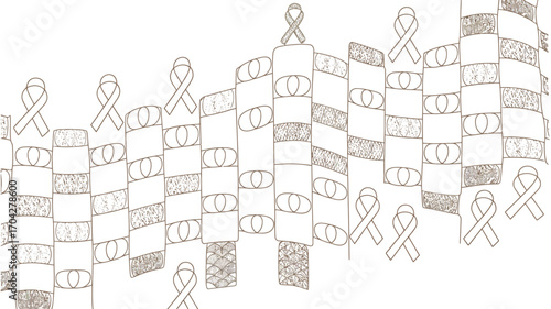 Abstract illustration featuring ribbons and geometric shapes in a repetitive pattern design style