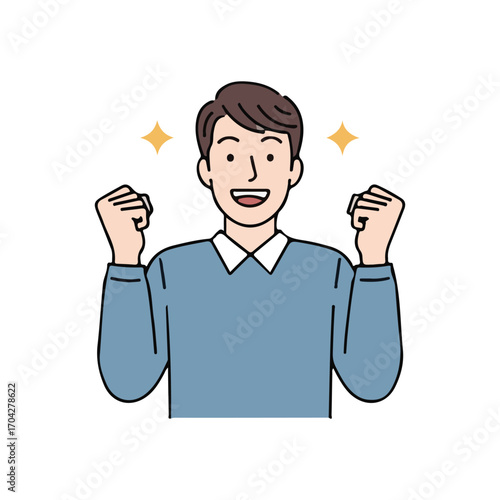 Man celebrating with clenched fists and sparkling stars celebration success