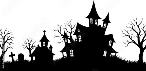 Black silhouettes of haunted houses and dead trees forming a creepy village on a white background
