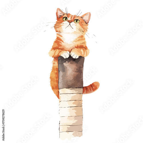 Watercolor Cat Perched Atop a Scratching Post Looking Upward