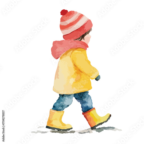 Watercolor Child in Yellow Raincoat Striped Hat and Blue Jeans Walking