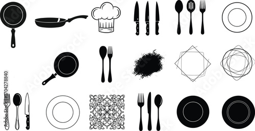 Black and white vector icons of kitchen cookware, cooking utensils, chef hat, knives, forks, spoons, plates, decorative elements for culinary design
