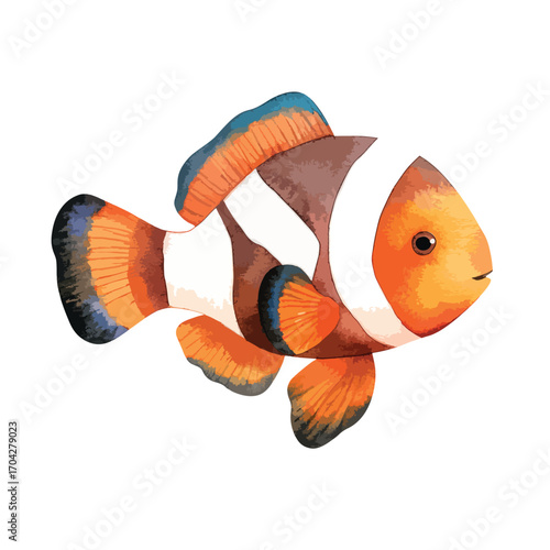 Watercolor Clownfish with Orange and White Stripes Swimming Sideways