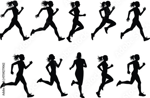 Female runner silhouette, woman running fast, jogging athlete vector, fitness sport icon, active healthy lifestyle, exercise motion, black vector image.