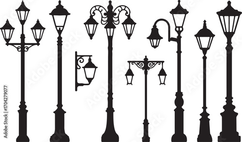 Elegant Street Lamp Silhouettes Collection Ornamental Outdoor Lighting Fixtures Vector Illustration