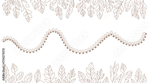 Outlines of leaves at the top and bottom with a wavy line of shapes in the middle on white paper