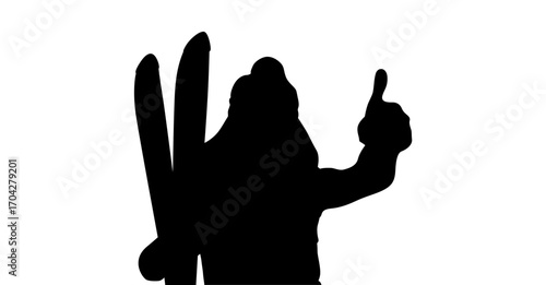 A simple, black silhouette of a person wearing skiing gear, giving a thumbs-up gesture.