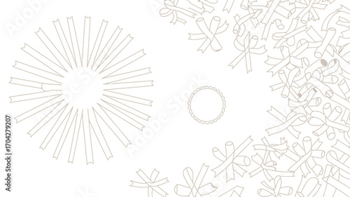 A white background with a sunburst design and a scattering of ribbon shapes and a scalloped circle outline
