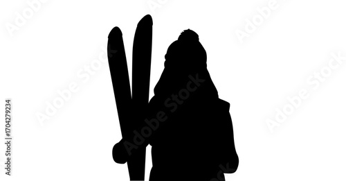 A bold, black silhouette of a person holding skis, set against a plain white background.