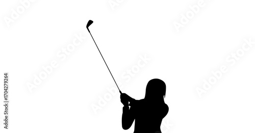 A dynamic silhouette of a woman mid-golf swing, set against a plain white background.