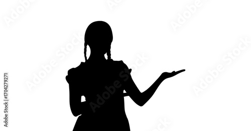 A black silhouette of a woman presenting something, gesturing with an open hand.
