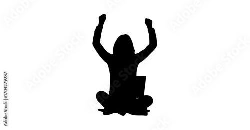 A simple, black silhouette of a person sitting on the ground, arms raised in a celebratory pose.