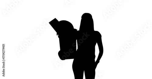 A bold silhouette of a woman holding a large backpack, set against a plain white background.