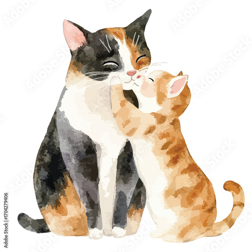 Watercolor depiction of a loving mother cat and her affectionate kitten