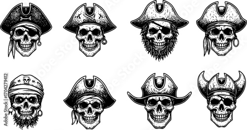 Pirate skull illustration.Vintage engraving isolated pirate skull ink sketch. black and white hand drawn pirate skull vector illustration