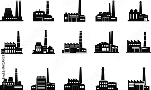 Silhouette icons of industrial factories and manufacturing plants with chimneys, warehouses, and production buildings in solid black vector style set