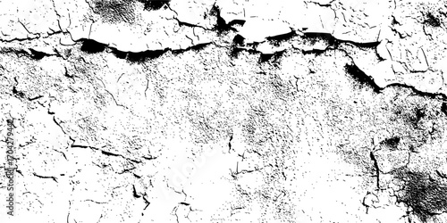 Grunge cracked wall texture, distressed surface with fractured lines and peeling fragments. Rough monochrome pattern, high-contrast photocopy effect, vector illustration