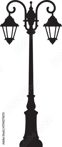 Silhouette of a Classic Streetlight with Two Lanterns Against a Transparent Backdrop for Graphic Projects