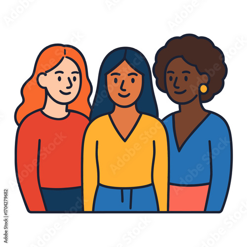 Three women are standing together, smiling. The women are of different races, with one being black, one being red, and one being yellow. Vector.