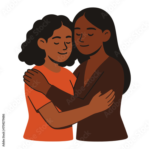 Two women hugging each other. One is wearing an orange shirt. Scene is warm and loving. Vector.