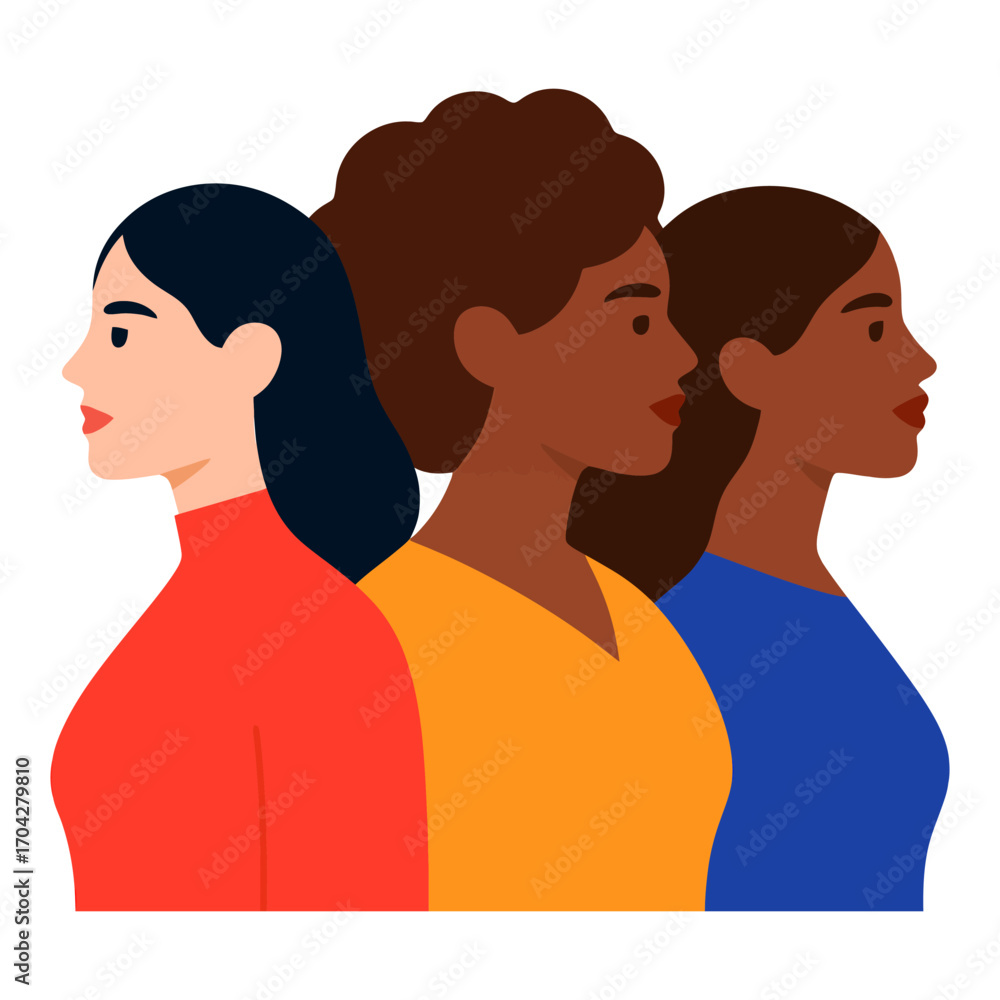 Obraz premium Three women standing side by side, one in a red shirt, one in a yellow shirt, and one in a blue shirt. Vector.