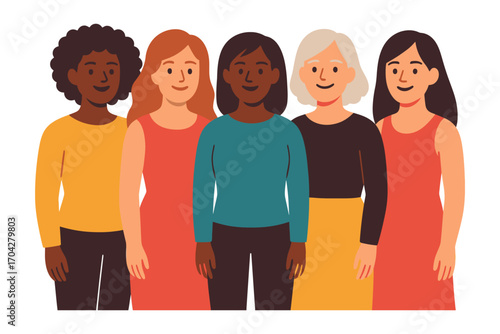 A group of women are standing together in a row. They are all smiling and seem to be happy. Vector.