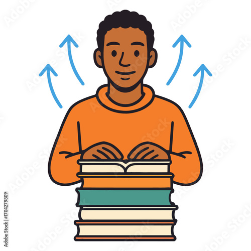 A man is sitting on a stack of books. He is smiling and he is enjoying himself. The books are piled high, and the man is surrounded by them. Vector.