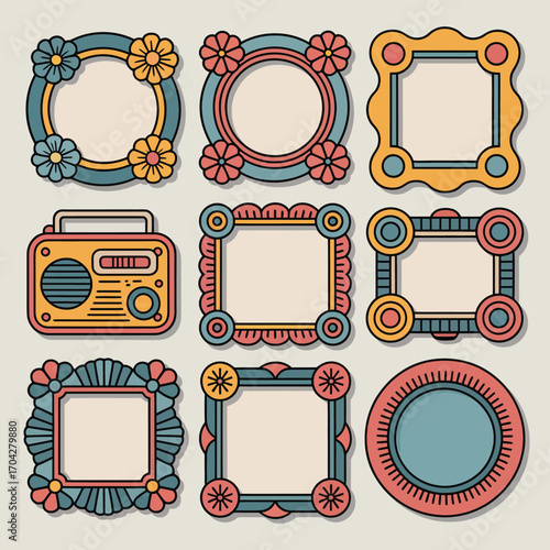 A vector illustration set of gold, round vintage retro frames for scrapbook design and decoration