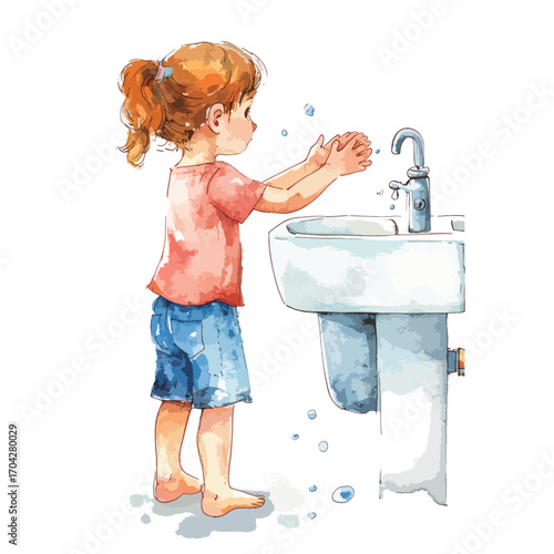 Watercolor depiction of a young girl washing hands at a bathroom sink