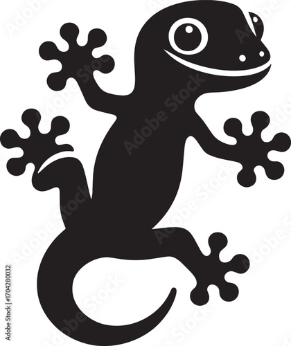 Cute black silhouette gecko climbing with big friendly eyes and a happy smile adorning its face