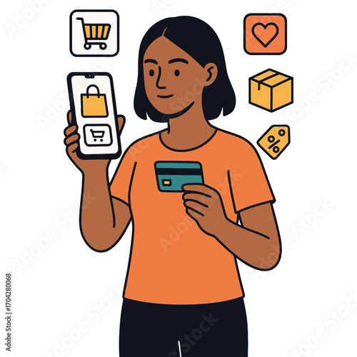 A woman is holding a cell phone and a credit card. She is shopping online. Concept of modern shopping. Vector.