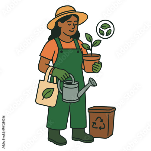 A woman in a green apron is holding a watering can and a potted plant. She is also holding a green bag. Vector.