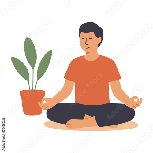 A man is sitting cross legged in a chair with a plant in front of him. He is in a relaxed state of mind. Vector.