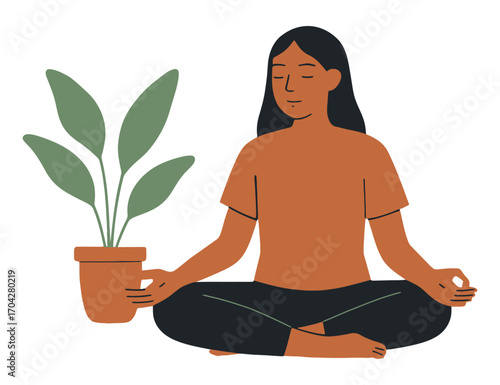 A woman is sitting cross legged with a plant in her lap. She is in a relaxed state of mind. Vector.