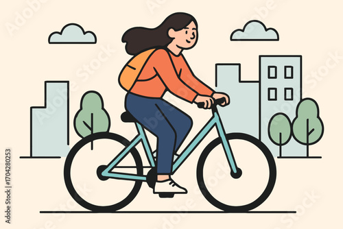 A woman is riding a bicycle in a city. The scene is lively and energetic, with the woman enjoying her ride. Vector.