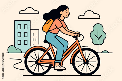A woman is riding a bicycle in a city. She is wearing a pink shirt and blue jeans. The image has a moody and somewhat melancholic feel to it. Vector.