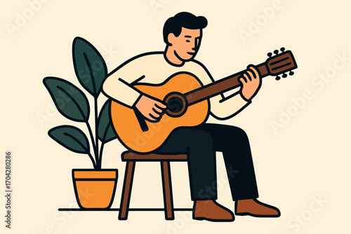 A man is playing a guitar in front of a plant. The man is sitting on a wooden chair. Vector.